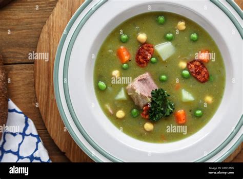 Hearty Traditional Dutch Pea Soup With Smoked Sausage Rye Bread And