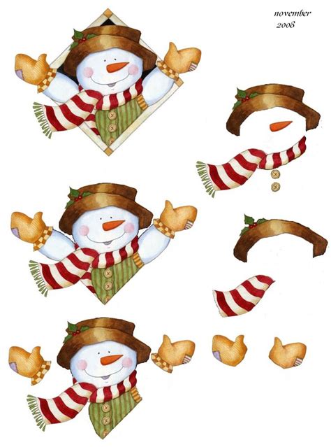 Three Snowmen With Hats And Scarfs On Their Heads