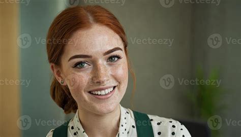 Redhead Woman Office Portrait Happy Smiling Lady With Freckles And