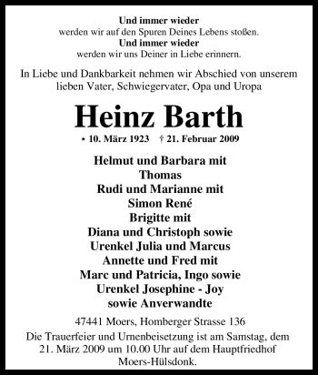 Traueranzeigen Von Heinz Barth Trauer In Nrw De