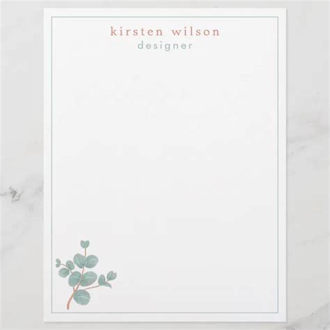 Elegant Silver Eucalyptus Branch Personalized Letterhead Zazzle