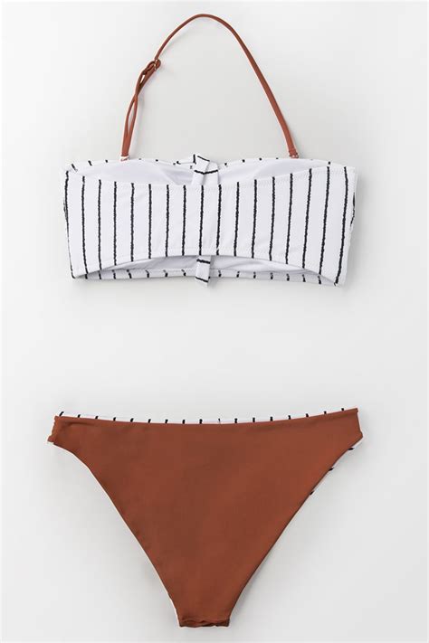 Striped And Caramel Bandeau Bikini