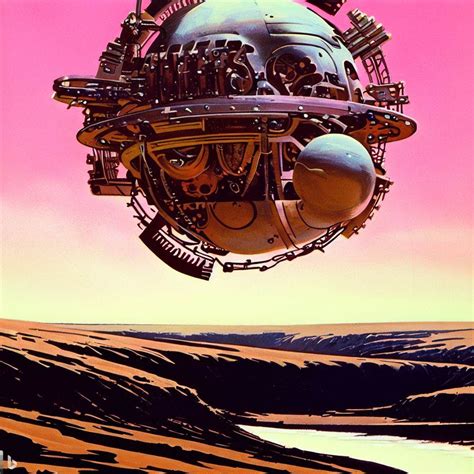 A Mechanical Sphere Floating Over A Pink Desert 1970s Sci Fi