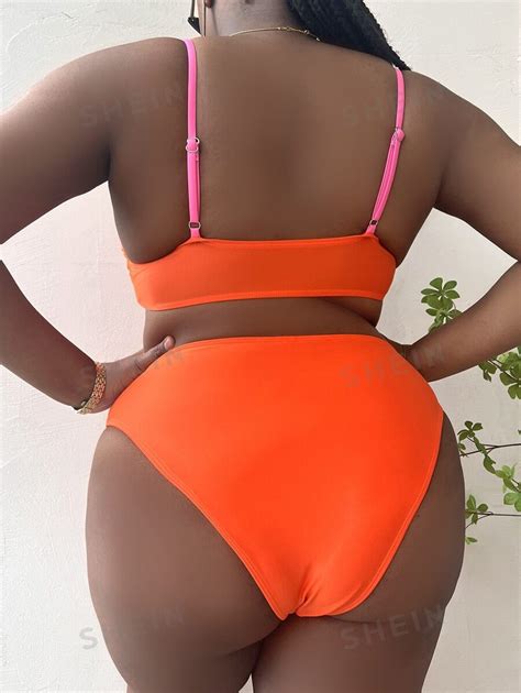 SHEIN Swim Curve Plus Color Block Bikini Set Cami Bra Cut Out High