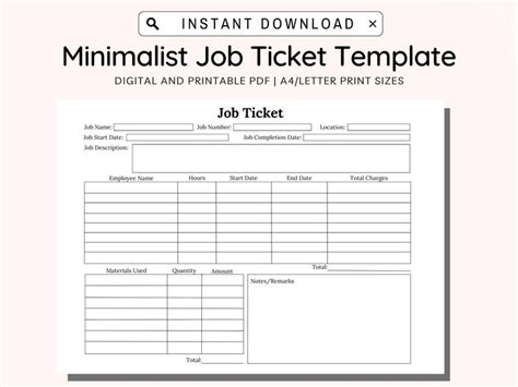 Job Ticket Printable, Work Order Form Template, Work Order Receipt ...