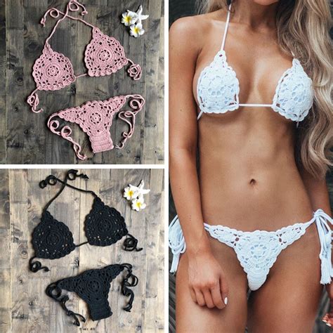 Sexy Bikini Set Women Crochet Swimsuit Solid Bikini Backless Swimwear