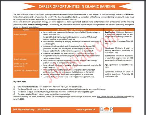 The Bank Of Punjab Jobs In Chishtian June 2024 Advertisement