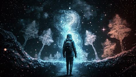 Premium Photo | Person walking to mystical magical forest 