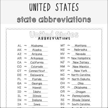 Printable State Abbreviations List