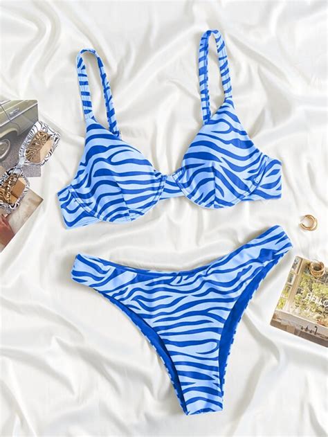 SHEIN Swim Vcay Zebra Striped Bikini Set Wireless Underwire Top