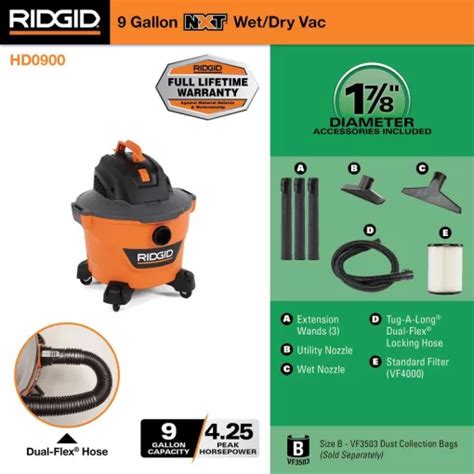 RIDGID HD09001 9 Gallon 4 25 Peak HP NXT Wet Dry Shop Vacuum With