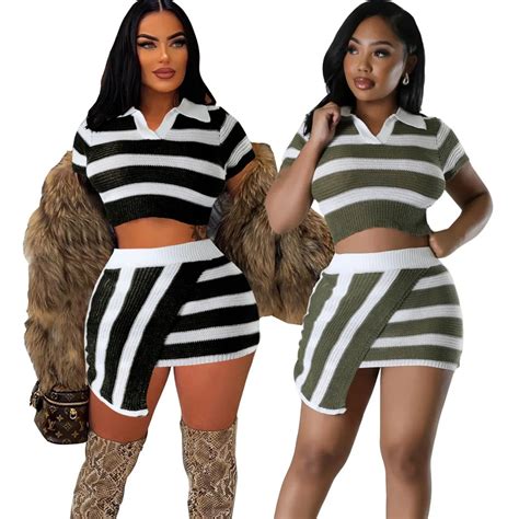 European Hot Fashion Sexy Summer Skirt Set Striped Print Crop Top And Mini Skirt Suit 2