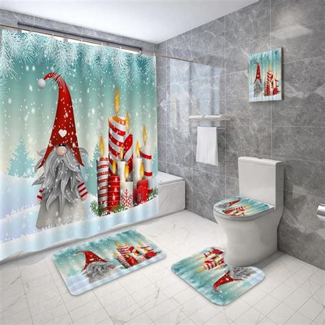 Pcs Shower Curtain Set Christmas Bells Bow Snowman Red With Non Slip