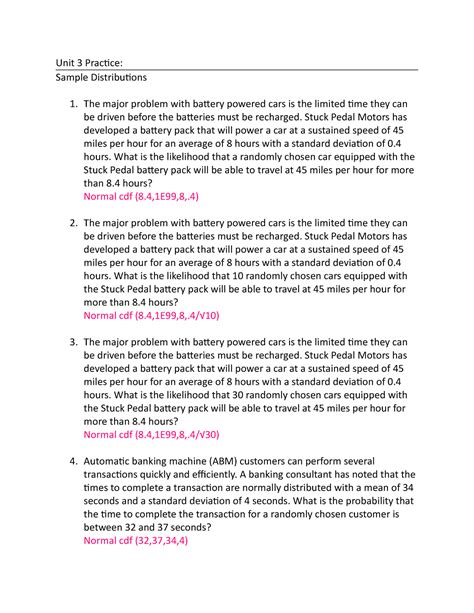Unit 3 Practice Part 1 Unit 3 Practice Sample Distributions The