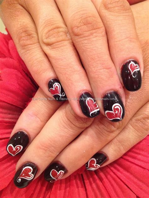 Acrylic Nails With Red And Black Valentine Love Heart Gel Freehand