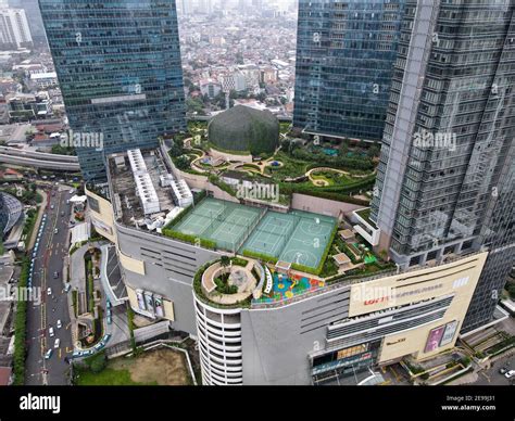 Aerial view of Lotte Shopping Avenue building in Jakarta and noise ...