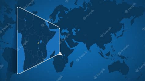 国旗付きのルワンダの拡大地図を含む世界地図上のルワンダの位置 プレミアムベクター