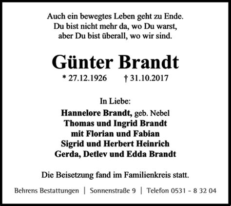 Traueranzeigen von Günter Brandt trauer38 de