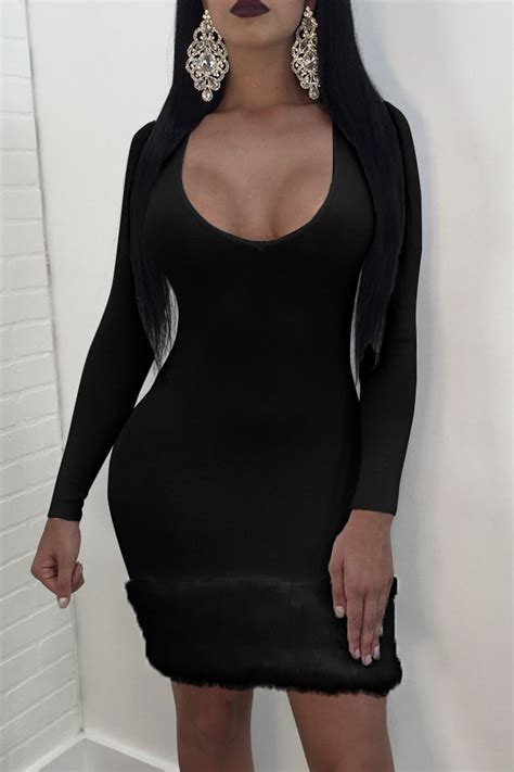 Wholesale Black Sexy Solid Split Joint U Neck Pencil Skirt Dresses K29424 1 Online