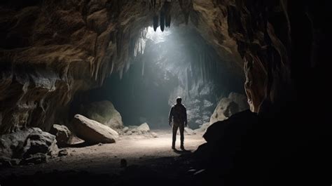 Um homem está em uma caverna escura uma luz brilhando através da