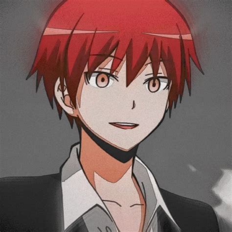 an anime character with red hair wearing a black suit and white shirt, looking at the camera