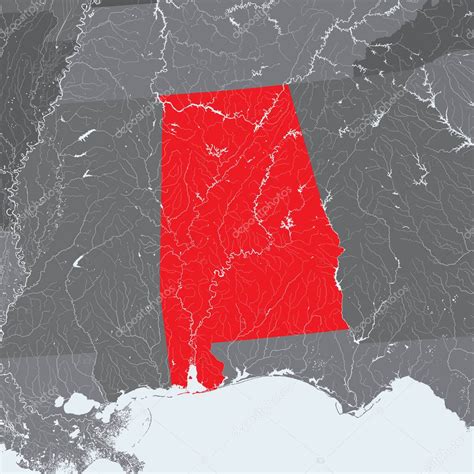 Estados Unidos mapa de Alabama Hecho a mano Se muestran ríos y lagos