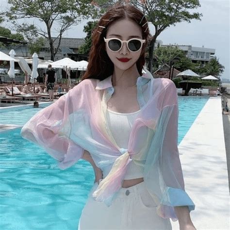 Soft Girl Rainbow See Through Long Sleeve Blouse Kawaii Fashion Shop