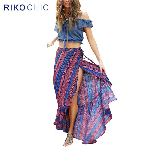 Rikochic Casual Ruffle Boho Maxi Skirt Women High Waist Skirt Striped