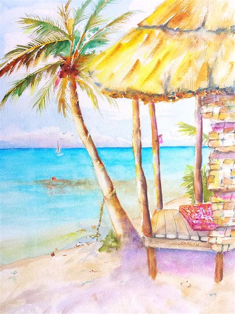 Tropical Beach Hut Watercolor Painting By Carlin Blahnik