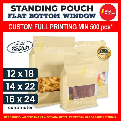 Jual Standing Pouch Flat Bottom Varian Window Coklat Alumunium Foil