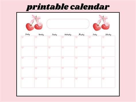 Cute Cherry Coquette Printable Calendar Red Cherry Bow Printable