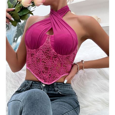 Women Criss Cross Wrap Tie Knot Crop Halter Top Lace Bustier Corsert