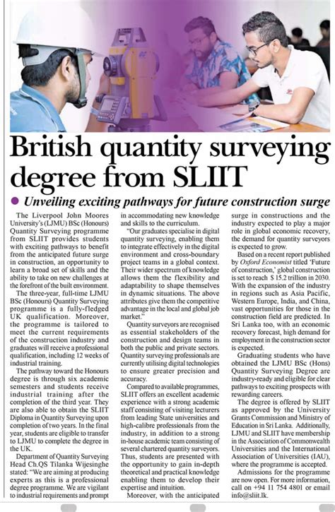 Sunday Morning British Quantity Surveying Degree Programme From Sliit