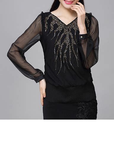 Womens Chiffon Blouse Black Semi Sheer Sleeves