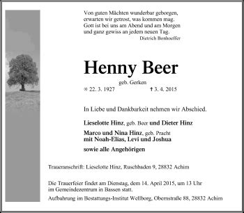 Traueranzeigen Von Henny Beer Trauer Kreiszeitung De