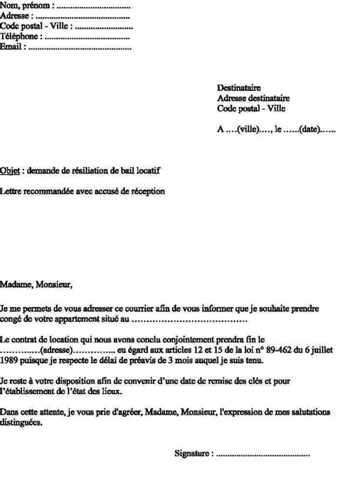 Modèle De Lettre De Résiliation De Bail De Location D Appartement