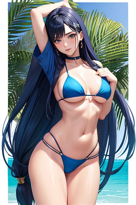 A Woman In A Bikini And A Blue Jacket Posing On A Beach Seaart Ai