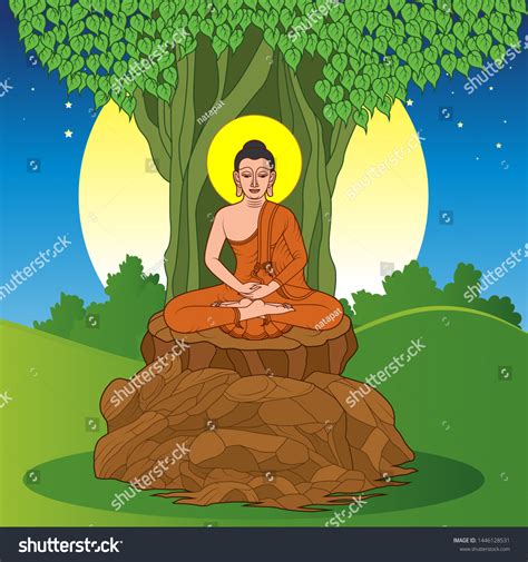 Buddha Sitting Under Bodhi Tree Stock Vector (Royalty Free) 1446128531 ...