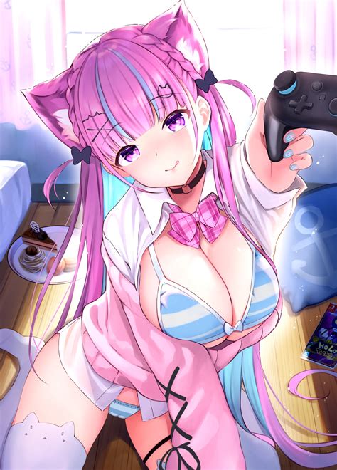 Pink Eyes Long Hair Cleavage Big Boobs Cat Girl Smiling Minato Aqua Anime Anime Girls