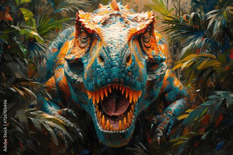 A Fearsome T Rex Dinosaur Roars To Life Amidst The Dense Jungle Its