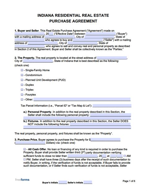 Free Indiana Real Estate Purchase Agreement Template Pdf Word