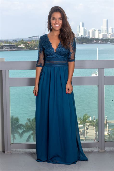 Teal V Neck Maxi Dress With Mesh Embroidered Sleeves Maxi Dress