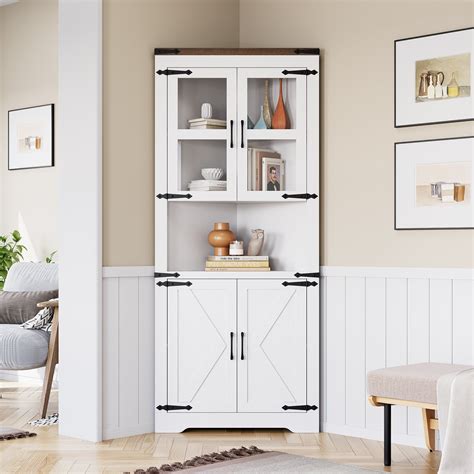 Cozony 67 Farmhouse Tall Corner Cabinet W Barn Doors 5 Tier Bookcase Storage Cabinet With