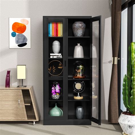 Fesbos Tall Bookcase Storage Cabinet With Tempered Glass Door Metal