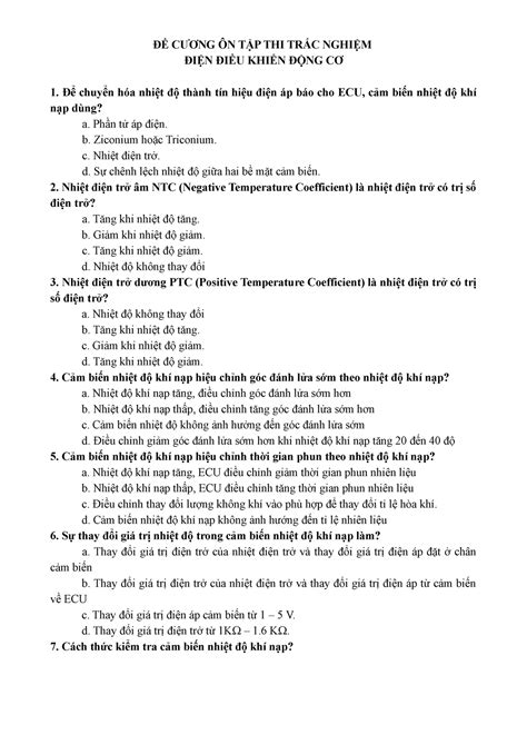 CÂU HỎI ÔN TẬP TRẮC NGHIỆM ĐIỆN ĐIỀU KHIỂN ĐỘNG CƠ ĐỀ CƯƠNG ÔN TẬP