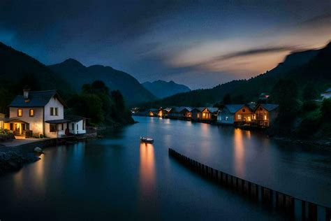 photo wallpaper the sky, water, mountains, house, boat, night, river ...