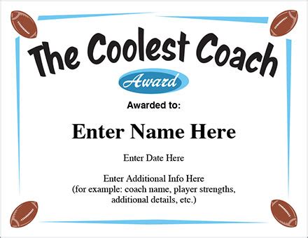 The Coolest Coach Football Certificate | Award Template