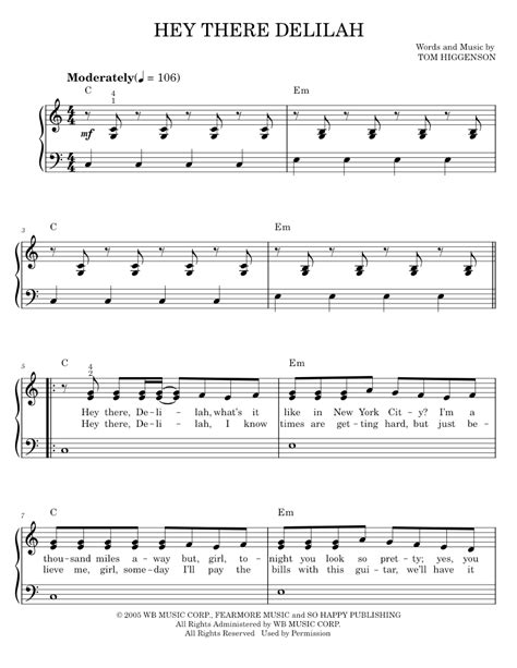 Play Official Version Of Hey There Delilah Sheet Music By Plain White T