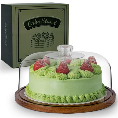 Anboxit Cake Stand With Dome Lid Acacia Wood Cake Plate With Cover