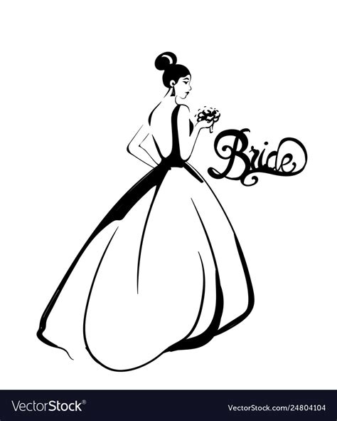 Bride Silhouette Line Art Beautiful Long Vector Image